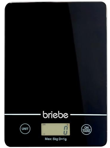 briebe Báscula Cocina Digital, Balanza Alta Precisión 1g / 0.1oz, Peso Comida hasta 5Kg, Pantalla LCD, Función TARA, Plataforma de Vidrio Resistente, Multifunción Pesa gr ml Oz Lb