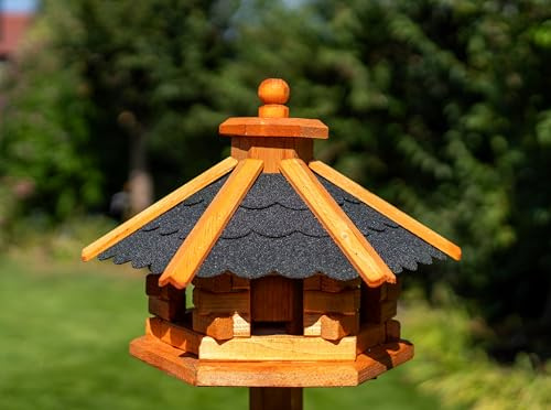 Deko-Shop-Hannusch Vogelhaus wahlweise mit Ständer und Solarbeleuchtung, Verschiedene Größen L - XXL, Futtersilo, wetterfestes Bitumendach (Größe M, schwarz)
