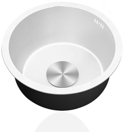Lavandino Cucina Piccolo,Lavello Cucina 1 Vasca Bianco,Lavabo Cucina In Acciaio Inox,Lavabo Tondo con Set Di Drenaggio,Installazione Appoggio o Sottopiano (Ø 40cm)
