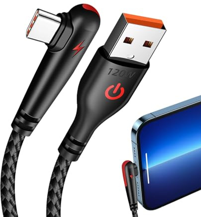 Frfik 1 Metri Cavo USB Type-C - 120W Ricarica Rapida Caricabatterie Cavo USB C | Cavo USB C da 90 gradi Intrecciato per ricarica rapida | Carica Caricatore Filo Tipo C per Cellulare, smartphone