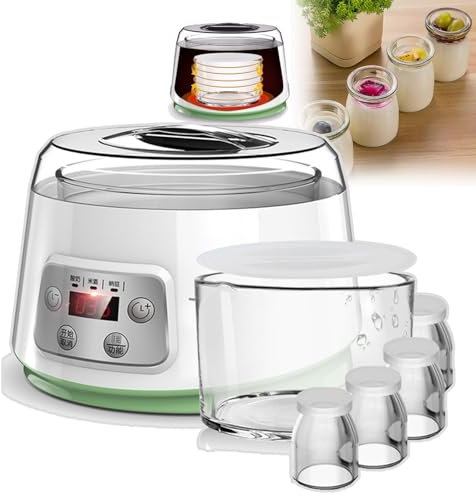 HEGGMKK Yogurtera Totalmente Automática, Gran Capacidad De 1,3 L, con Divisores para 4 Tazas De 100 Ml, Temporizador con Pantalla LCD, Interruptor Táctil, para Yogur, Yogur Griego Y Queso,with 4 Cups