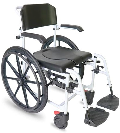 KMINA Sedia a Rotelle per Doccia e WC, Carrozzina Disabili con Ruote Autospinta, Sedia Comoda per Anziani, per Bagno, Nero - KMINA PRO