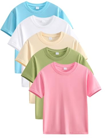 Mädchen T-Shirt Baumwolle Tops Einfarbig Bluse Casual Loose Kurzarm Sommer Atmungsaktiv Shirt Rundhals Klamotten Regular Kinder Kleidung Sport Leichtgewicht Tshirt Jungen Sportshirt 5er-Pack