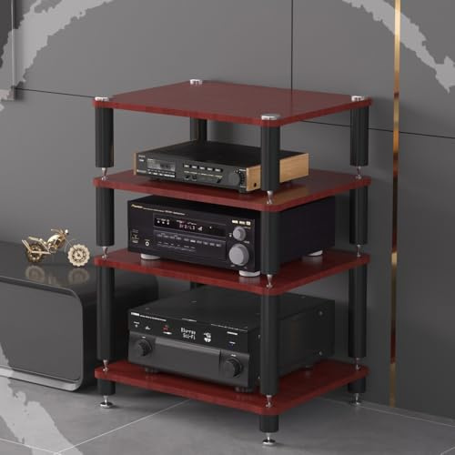 BERWDUXA HiFi Rack 3 Tier AV Media Stand Wood Shelf, Audio Tower, Record Player Stand Stereo Cabinet, Media Console Storage Shelf, Audio Video Components(Teak,4-Tier(60x48x80cm))