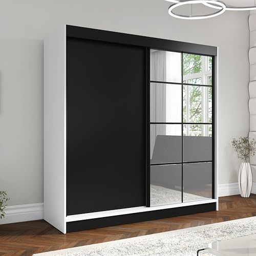 A&J MöbelLand Schwebetürenschrank TAVIRO Kleiderschrank 2-türig mit Schubladen und Spiegel, Garderobe 200 cm (Weiß/Schwarz)