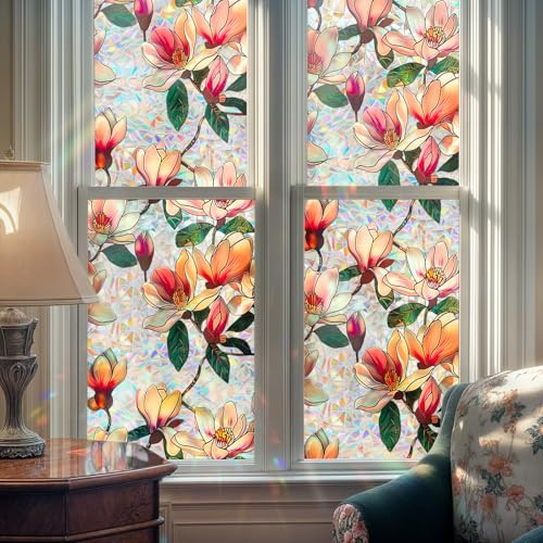 Qualsen Fensterfolie Blickdicht Regenbogen Magnolienblütenmuster Sichtschutzfolie Fenster Buntglas Selbsthaftend Statisch Haftend Anti UV Klebefolie Fenster 43 x 200cm