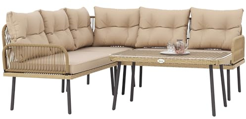 Outsunny Conjunto de Jardín Exterior de Ratán Sintético de 4 Piezas Muebles de Jardín Exterior en Forma de L Incluye 2 Sofás de 2 Plazas 1 Sillón Esquinero 1 Mesa de Centro con Cojines Natural