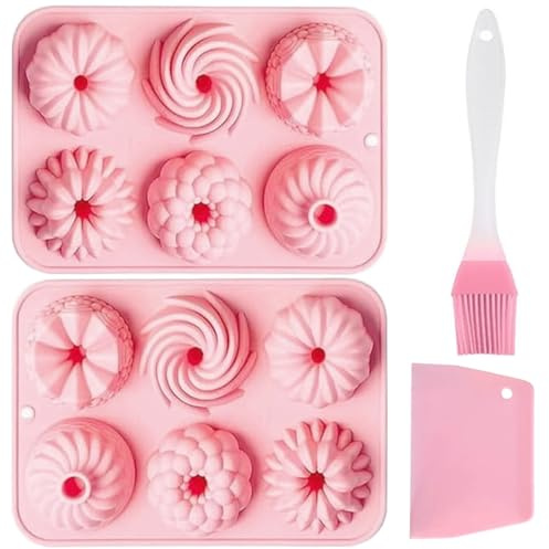 JOZMMZEOOA 2 Pcs Mini Ring Cake Tin 6 Cavity Silicone Baking Pan Fluted Round Cake Pan Silicone Baking Mould Donut Molds Nonstick for Donut Muffin Cupcake（Pink）