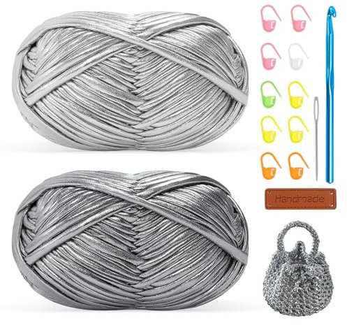 Metallisches T-Shirt-Garn zum Häkeln, 2 x 100 g, grobes Häkelgarn mit 7 mm Haken, perfekt zum Häkeln von Taschen/Körben/Teppichen/Heimdekoration, Anfängerfreundlicher, elastischer Stoff für DIY