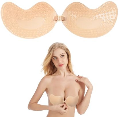 Vierone 1Pcs Stick On Bra Women's Adhesive Bras Summer Strapless Push Up Bras Invisible Bra Thin Sling Top Party Evening Dress Breathable Self Adhesive Bras (Cup B) Beige