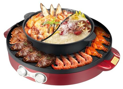 Elektrischer Hot Pot mit Grillfunktion 2200w Electric Hotpot für 2-4 Personen 220V 2 in 1 Elektrogrill Tischgrill mit Deckel und Fettauffangschale für Meeresfrüchten Fleisch Gemüse