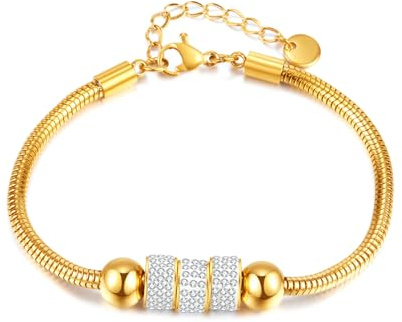Glintara Schlangen Armband für Damen Mädchen, Schlangen-Gliederarmband mit Perlen Stern Mond Herz, Zirkonia Charms Anhänger Armband Armkette für Pandora, Wasserfester Handkette Schmuck Silber | Gold