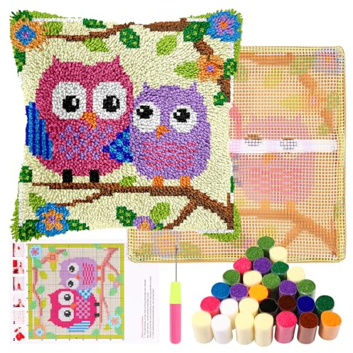 Alongen Ensemble de taies d'oreiller au crochet pour enfants ou débutants - Ensemble de taies d'oreiller crochet avec crochet à laine pour adultes - Kit DIY de crochet à laine pour taies d'oreiller