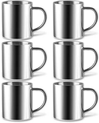 MEIDIV 6 Pack Stainless Steel Mug, 300ml Stainless Steel Coffee Cup, Metal Insulated Coffee Cup Silver, Camping Mugs Drink Cup for Coffee, Tea, Soup