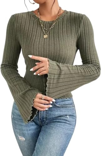 Sukiglam Damtröjor elegant långärmad t-shirt enkel klockärm magtröja rund hals anpassad pullover tröjor avslappnade gå ut toppar damer mjuk stretch stickad blus för höst/vinter lager, gRÖN, M