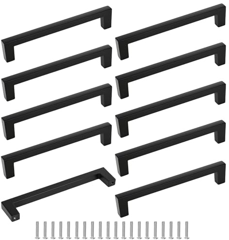 elthmpr Black Kitchen Cupboard Handles - 10 Pack Kitchen Door Handles 128mm Hole Centers Wardrobe Handle Brushed Finish Stainless Steel for Drawer Cabinet Bathroom Sliding Door