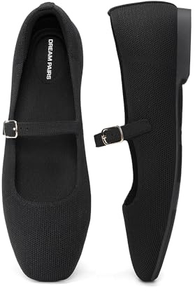 DREAM PAIRS Women's Mary Jane Square Toe Ballet Flats,Black,8.5 | Stretchy breathable knit upper, Durable anti-slip TPR outsole, Adjustable Buckle Arch Support Foldable Office Dress Shoes