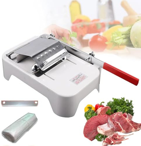 Cortadora de Carne Manual, Cortador de Rollos de Carne con Grosor Ajustable de 0,25 mm a 25 mm, Cuchilla de 20 cm y 10 Bolsas para Congelador, Máquina para Rebanar Alimentos para Carne de Res y Verdur