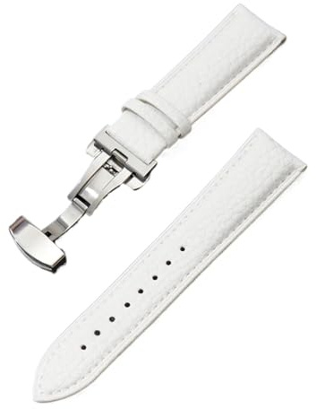 yingyingjia Kalvskinnsarmband Litchi Grain-rem Klocktillbehör 18/20/22/24 mm Armband i äkta läder med fjärilsspänne(White,24mm)