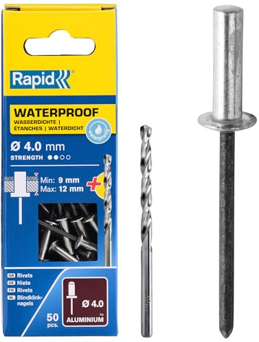 Rapid Blindnitar vattentäta Ø 4,8 mm, 8–11 mm klämområde, 50 stycken aluminiumnitar, set inklusive borrar, för blindnitar