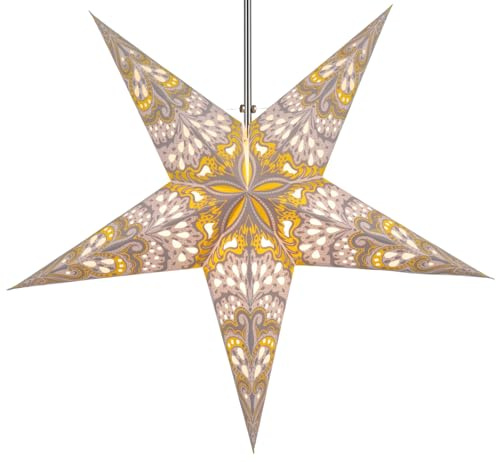 Faltbarer Advents Papierstern, 60 cm, hochwertig, Nestor Natur/gelb | Handgefertigter Papierstern mit Silberbronze, stimmungsvolle Deko, TÜV geprüft, einfache Montage.