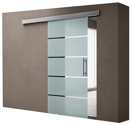 doporro Porta Scorrevole in Vetro 90x215cm, Porte Scorrevoli in Vetro Satinato con Strisce Trasparenti con Maniglia Per Asta per Bagno Cucina Studio Ufficio, Amalfi TS13H-900 MSLG