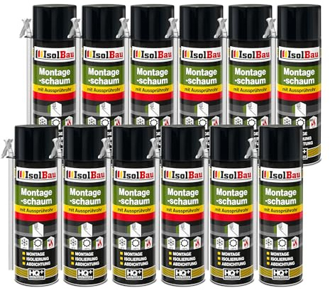 Isolbau B2 Montageschaum mit Aussprührohr - 12 x 500 ml PU-Bauschaum für Montage, Isolierung, Abdichtung, Innen & außen