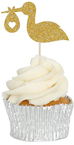 Stork & Baby Cupcake Toppers - 12pk - Birthday & Christening Decoration Picks (Gold Glitter)
