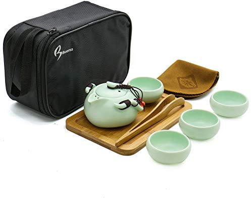 Uteruik 8 pcs Portable Voyage Ensemble à thé en Porcelaine de Style Chinois/Japonais Vintage Fait à la Main Kung Fu Service à thé avec Un Sac de Voyage (4 Tasses)