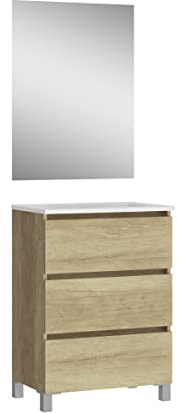Baikal Set di mobili da bagno sospeso a parete con fondo ridotto, con lavabo e specchio, tre cassetti, misure da 50 cm Nature