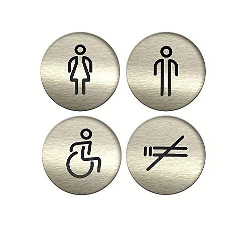 DOJA BARCELONA | Cartel para Baño | Hombre + Mujer + Discapacitado + Prohibido Fumar | Color Plateado | 100mm Diámetro | Simbolo Adhesivo WC para Puerta | Placa Pegatina para Aseo, Señal de Lavabo