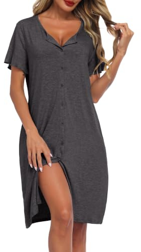 Lovasy Camicia da Notte Donna Manica Corta Sexy Abito da Notte Estiva con Bottoni Un Pezzo Pigiama Curvy Premaman Allattamento con Tasche