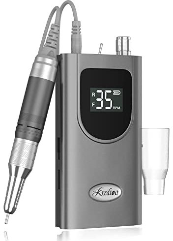 Kredioo Fresa per Unghie Professionale 35000RPM Ricaricabile, Fresa Unghie Portatile, Lima Elettrica, Manicure e Pedicure, Trapanino, Trapano Elettrico per Rimozione Gel e Smalto, Kit 6 Punte, Grigio