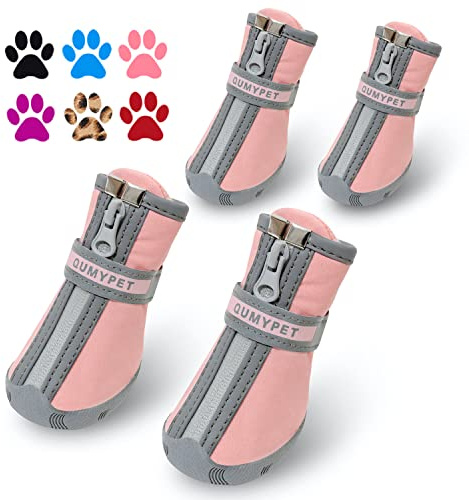 QUMY Kleine Hundestiefel, wasserabweisend, Winter-Schneeschuhe für Welpen, Hunde, mit reflektierenden Streifen, weich, bequem, rutschfeste Gummisohle, Rosa, 4 Stück/Set