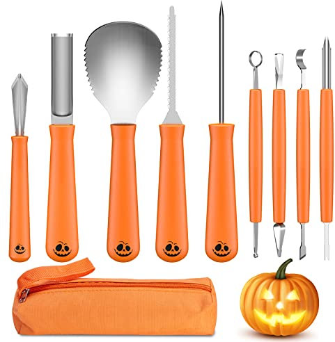 Fohil Juego de Tallado de Calabaza de Halloween 9 Piezas Herramientas de Corte para Ahuecar Trinchar Calabazas DIY Decoración de Halloween Cuchillos de Tallar Calabaza de Acero Inoxidable para Niños