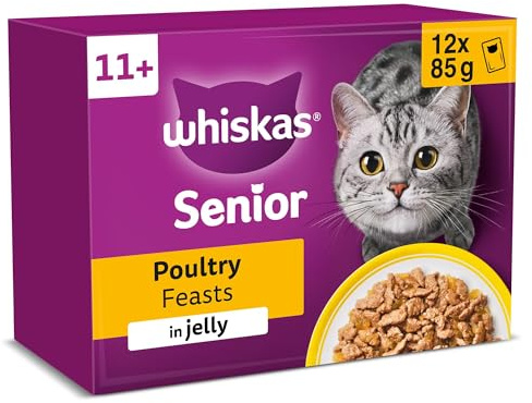 WHISKAS Senior 11+ Poultry Feasts Wet Cat Food Pouches in Jelly 12 x 85g (Pack of 4)
