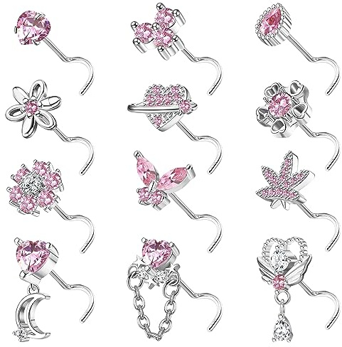 Kakonia 12Pcs 20G Nose Studs for Women Corkscrew Dangle Nose Studs Rings Stainless Steel Nose Piercing Jewellery CZ Heart Moon Butterfly Nose Rings Studs for Women Men Pink