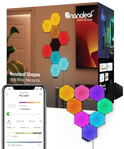Nanoleaf Shapes Ultra Black Hexagon startkit, 9 smarta LED-paneler RGBW – modulär WLAN 16 miljoner färger vägglampa inomhus, musik och skärm Sync, fungerar med Alexa Google Apple