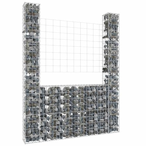 Homgoday U-shape Gabion Basket with 2 Posts Iron 140x20x200 cm, Gabion Basket Cage, Mesh Wire Stone Basket, Outdoor Spiral Retaining Wall, Garden Planter