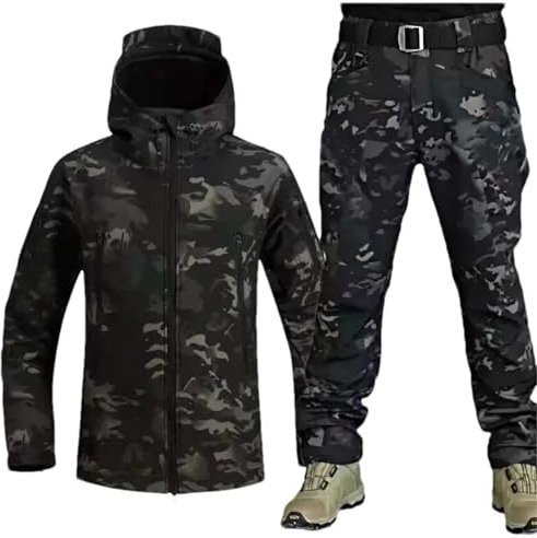 ZMIN Wasserdicht Wandern Trainingsanzug Set Männer Armee Jacken Camping Mantel Taktische Hosen Warme Angeln Fleece Hosen Winter Black CP X7 XS