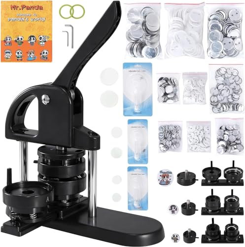 Button Maker, 1/1.25/2.28 inch(25/32/58mm) 3-in-1 Pin Maker, with 300pcs Button Parts with Panda Magic Book, Ergonomic Arc Handle Punch Press Kit, for Children DIY Gifts