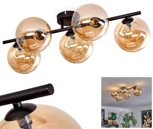 HOFSTEIN Deckenleuchte Chehalis, 4-flammige Deckenlampe aus Metall/Glas in Schwarz/Bernsteinfarben, Leuchte im Retro/Vintage-Design, Ø Schirme 15 cm, G9, Esszimmer, Schlafzimmer, Wohnzimmer, Küche