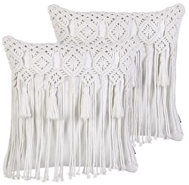 Dekokissen 2er Set Baumwolle weiß 45 x 45 cm Makramee Design mit Fransen Bamian