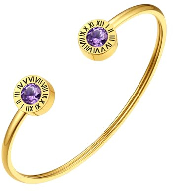 FindChic Goldarmbänder für Frauen Edlestahl Römische Ziffer Armspangen-Armreif Lila Stein Armkette Geburtsstein Armschmuck für Muttertag Valentinstag Geburtstag Weihnachten