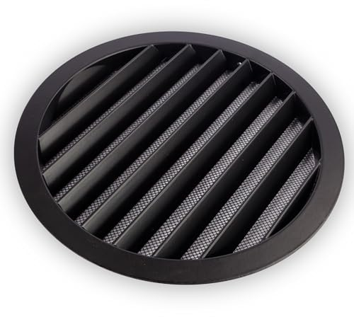 Rejilla de Ventilación Exterior de Aluminio para Extractor de baño, Cocina, Garaje, Pared | Rejilla Redonda con mosquitera metálica, Color Resistente a Rayos UV (Negro, 200mm)