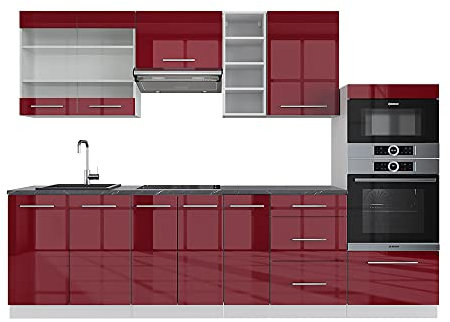 Vicco Küchenzeile Fame-Line, Küchenblock, Bordeaux Hochglanz/Weiß, 280 cm, AP Eiche