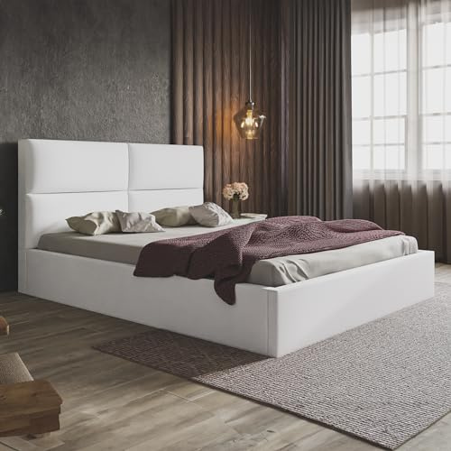 MOTIVENA Livi Bett 180x200 Weiß Kunstleder, mit Stauraum, mit Kopfteil, mit Lattenrost, ohne Füße, ohne Matratze, Polsterbett 180x200 mit Bettkasten Weiß