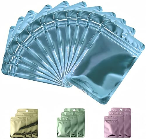 Rimiko 50 Sachets Zip Aluminium Refermable, Pochons Zip Alimentaire avec Fenêtre Transparente, Sac Mylar Hermétique pour Vente au Détail et Stockage des Objets (Bleu Métallisée, 9x12cm)