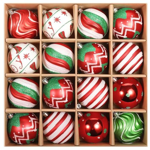 SVNVIOZ 16 Stück 8cm Weihnachtskugeln Rot Weiß Grün, Christbaumkugeln Kunststoff Deko Weihnachten, Bruchsicher Weihnachtsbaumschmuck Weihnachtsbaumkugeln für Weihnachtsdeko Innen Aussen