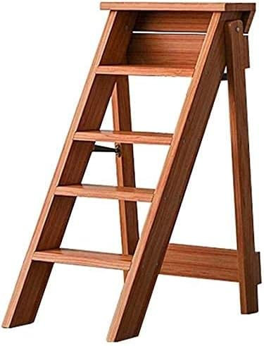 Klappbarer 5-stufiger Leiterstuhl aus Holz für Erwachsene, tragbare Trittleiter mit multifunktionaler Ablage und Sitz